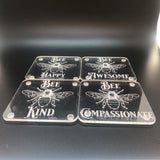 Bee awesome, kind, happy, compassionate acrylic coaster set