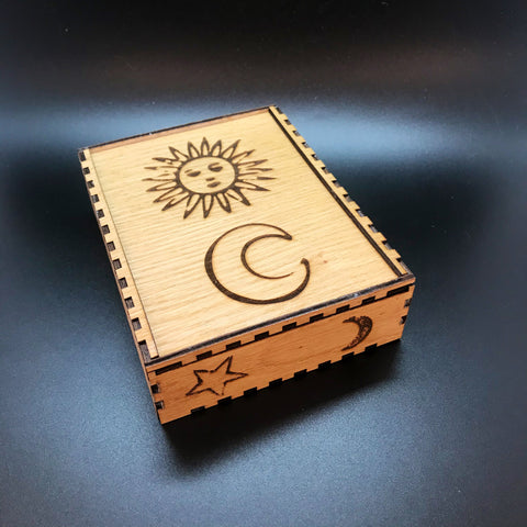 Tarot/Angel/Wicca card box sun and moon - oak veneer, velvet lined